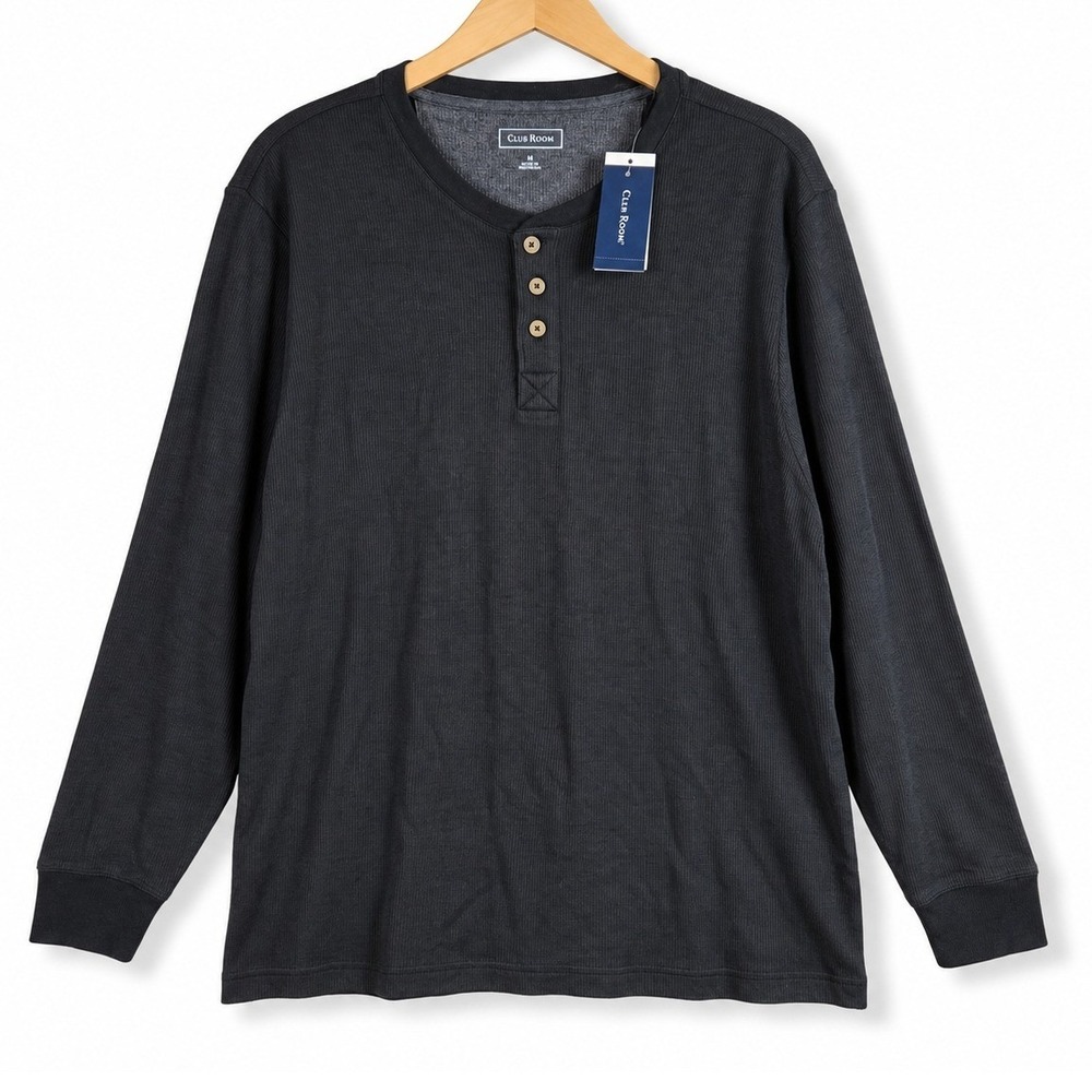 Club Room Henley Shirt Mens Medium Deep Black Waffle Knit Thermal Casual NWT